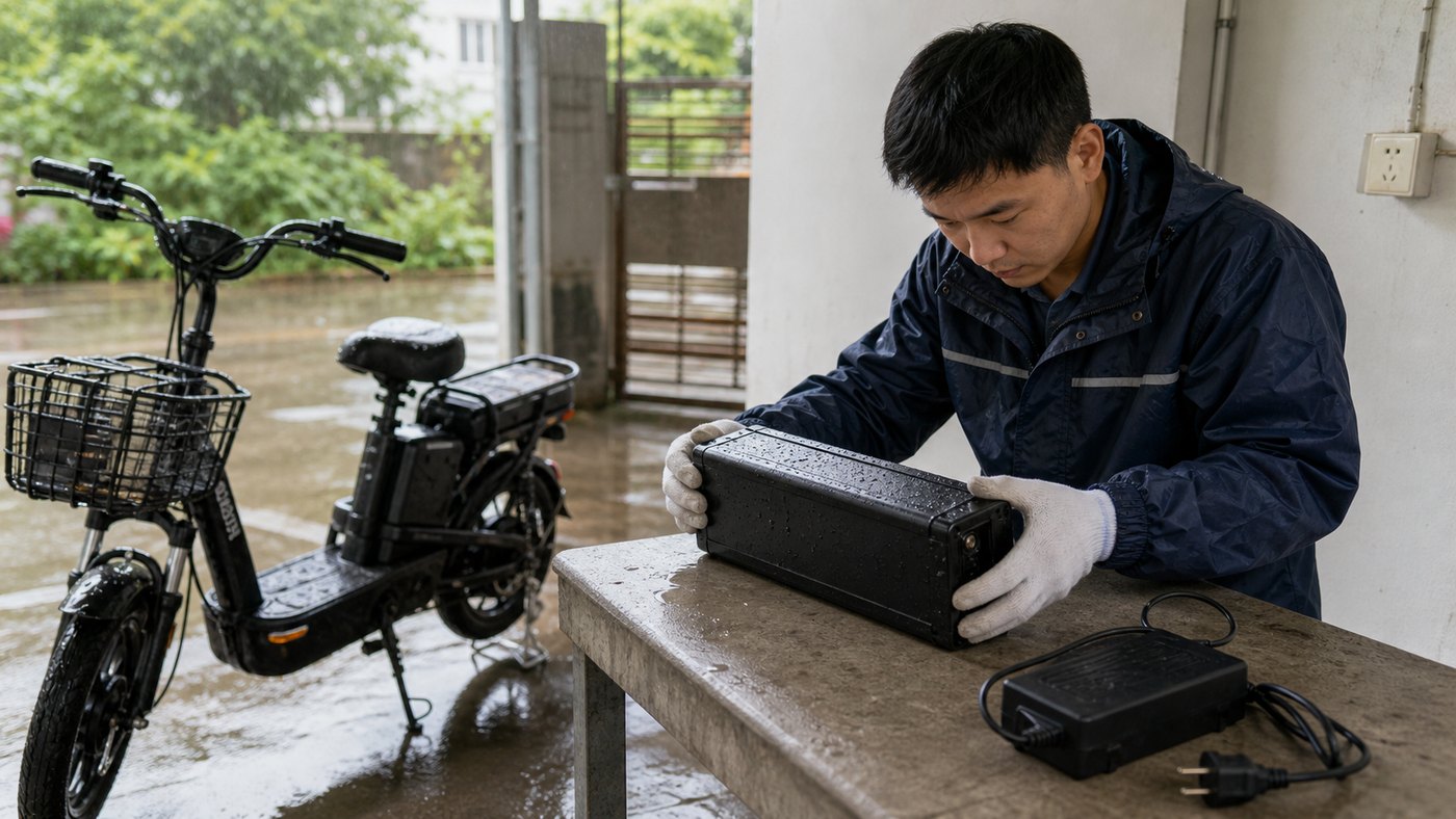 淋雨后的电动自行车电池保持断电并接受检查
